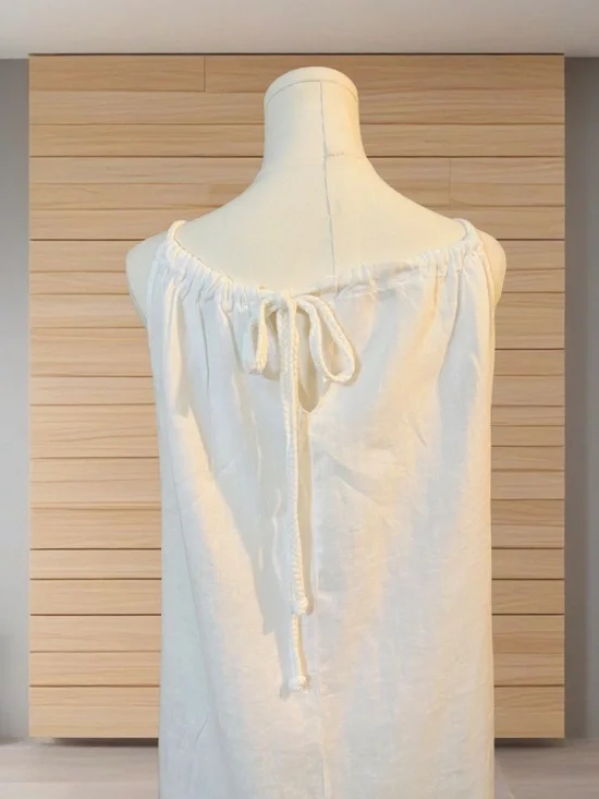 Italian Linen Dress White Sleeveless Tie Back Midi Relaxed Fit Coastal Beach L - Picture 4 of 6